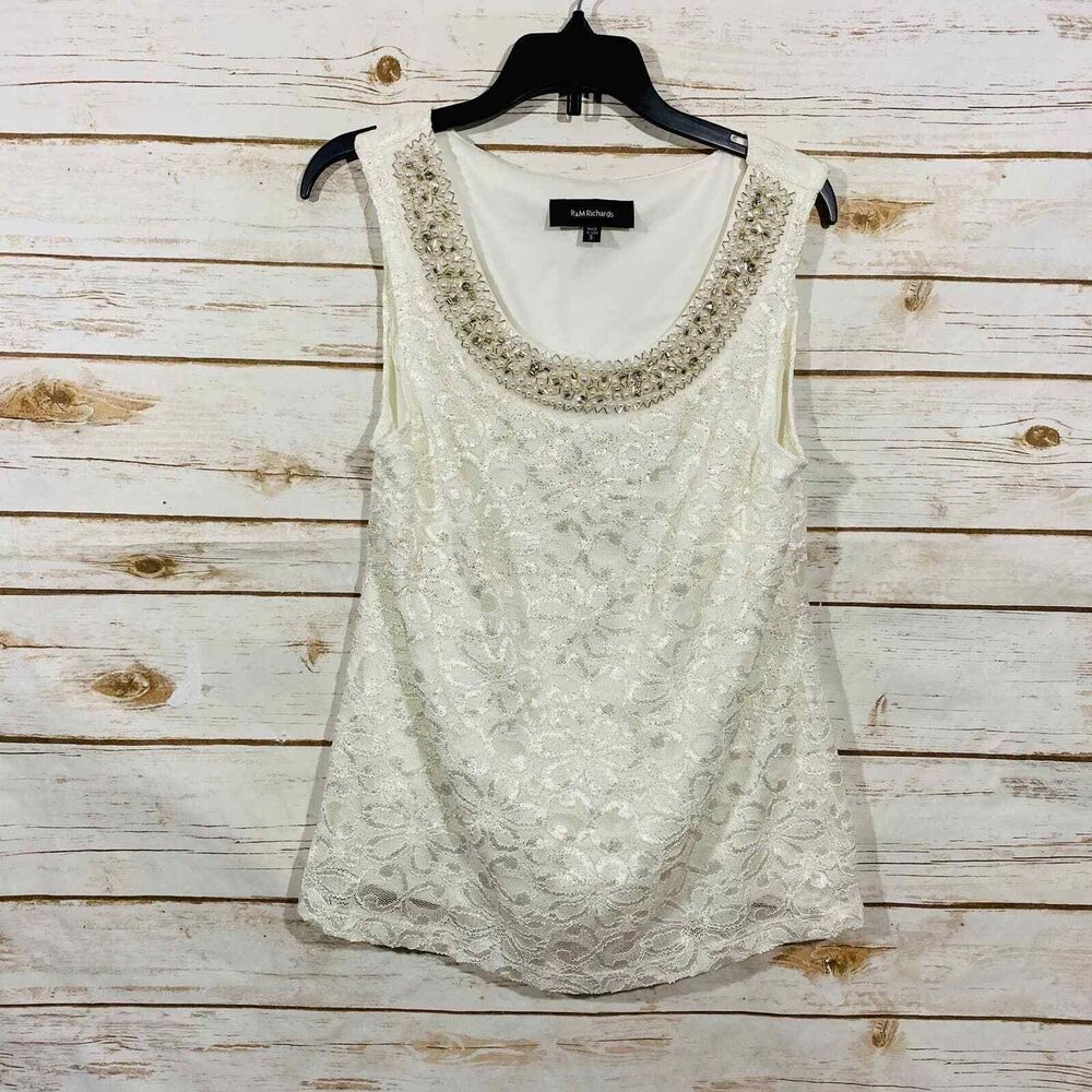 R & M Richards Elegant Silver & Off White Floral Tank Top Silver Sequins Size S